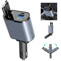 4 in 1 Retractable Car Phone Charger | 66W Ultra Fast Charging Cable with LED Light | Multi USB Car Charger Adapter for iPhone, Android & Type-C Devices