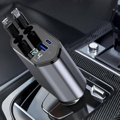 4 in 1 Retractable Car Phone Charger | 66W Ultra Fast Charging Cable with LED Light | Multi USB Car Charger Adapter for iPhone, Android & Type-C Devices