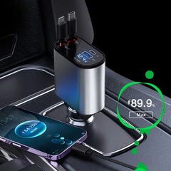 4 in 1 Retractable Car Phone Charger | 66W Ultra Fast Charging Cable with LED Light | Multi USB Car Charger Adapter for iPhone, Android & Type-C Devices
